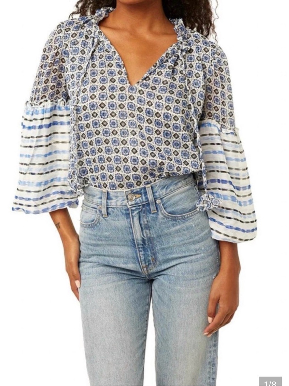 Misa Los Angeles Blue Patterned Peasant Top with Striped Bell Sleeves Size S